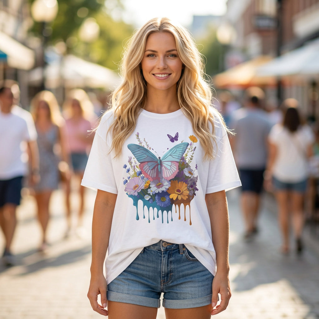Butterfly Floral T-Shirt – Colorful Nature Garden Graphic Design Unisex 100 Cotton Gildan T-Shirt
