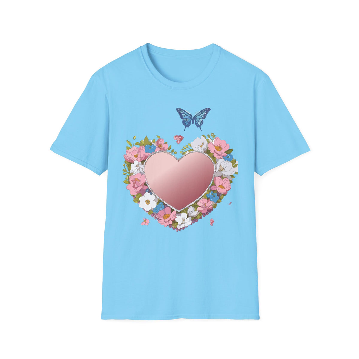 Floral Heart with Blue Butterfly T-Shirt | Pink Heart Floral Graphic Tee Unisex 100 Cotton Gildan T-Shirt