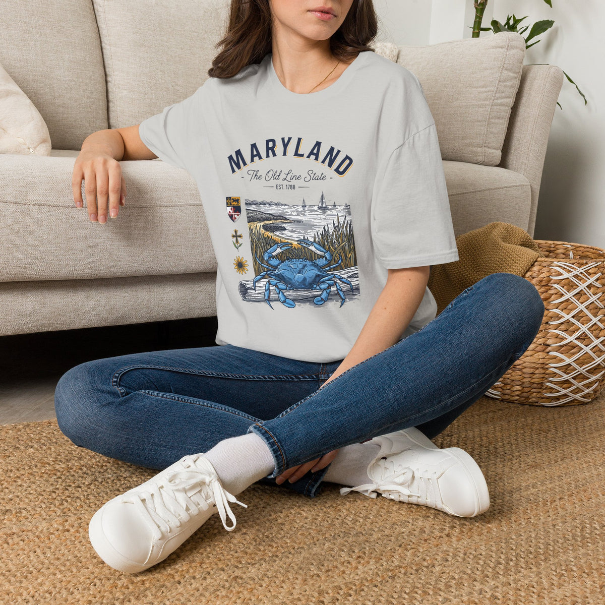 Maryland Blue Crab Scenic T-Shirt — The Old Line State Coastal Design Travel Tourist Graphic Design Unisex 100 Cotton Gildan T-Shirt