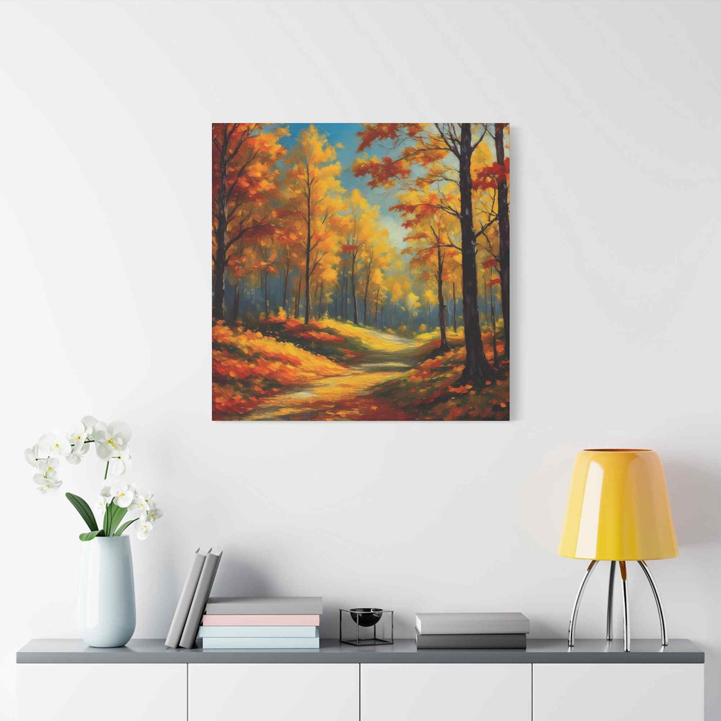Fall Forest Print Canvas, Oil Paint Print 20x20, 24x24, 30x30, 32x32, 36x36 Art Design Canvas Pine-Wood Inner Frame MC-102