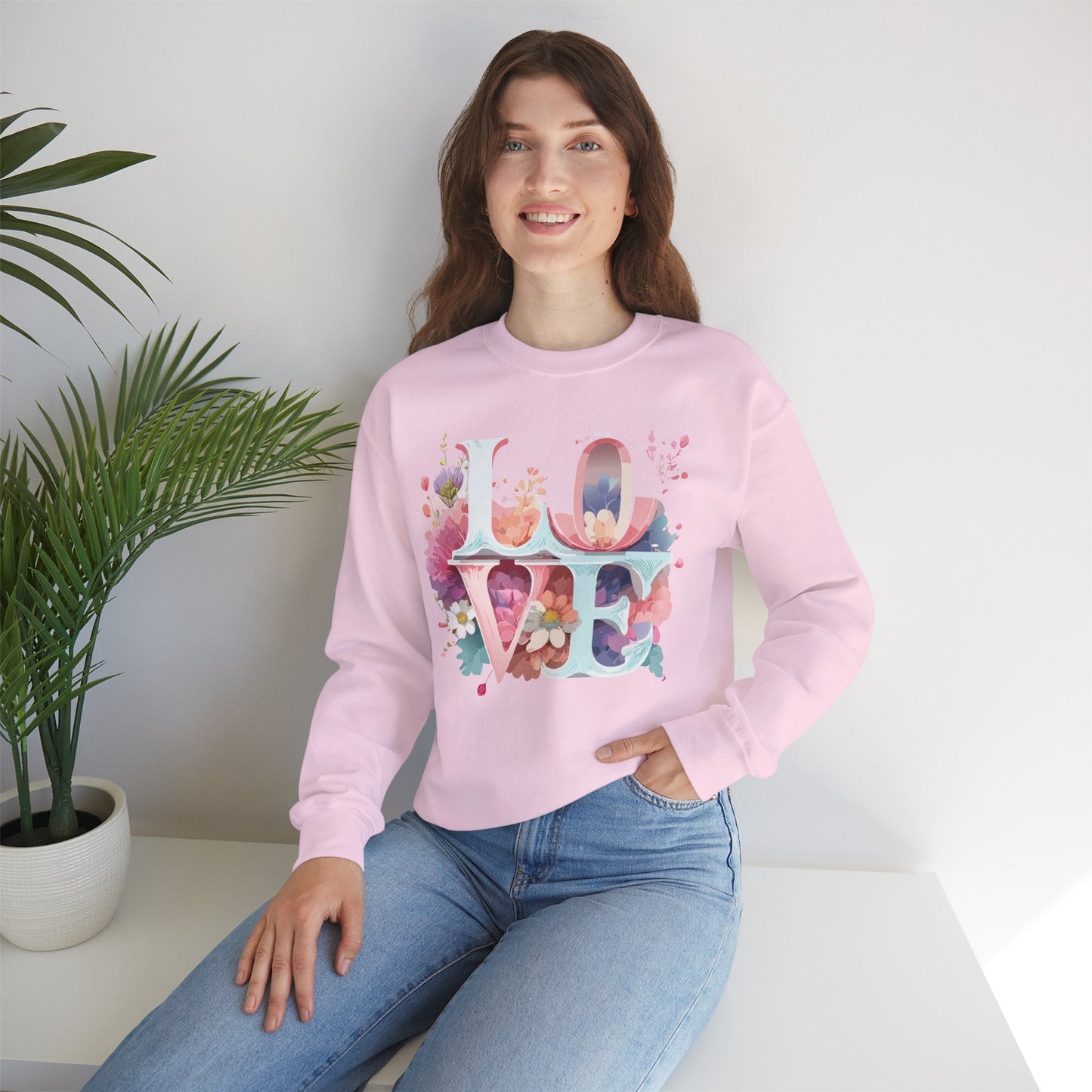 Floral Love Sweatshirt Valentines Day Flower Print Unisex Crewneck Heavy Blend Cotton Polyester