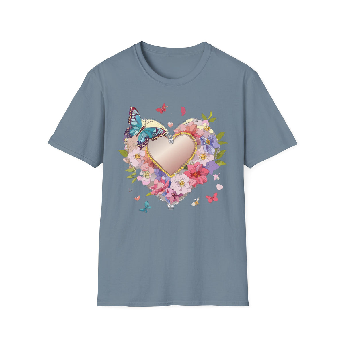 Butterfly Floral Heart Pink Gold Heart with Flowers and Butterflies Graphic Design Unisex 100 Cotton Gildan T-Shirt