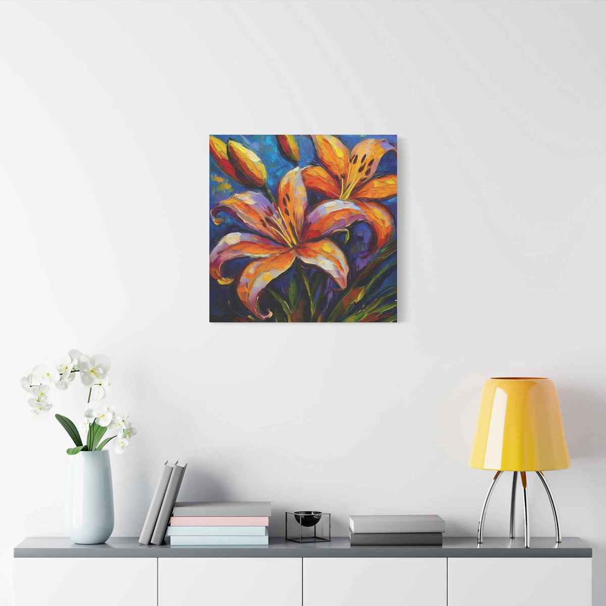 Gold Lilies Print Canvas, Floral Oil Paint Print 20x20, 24x24, 30x30, 32x32, 36x36 Art Design Pine-Wood Inner Frame MC-151