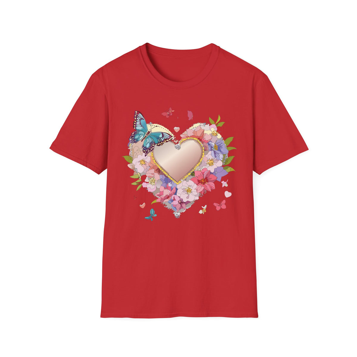Butterfly Floral Heart Pink Gold Heart with Flowers and Butterflies Graphic Design Unisex 100 Cotton Gildan T-Shirt