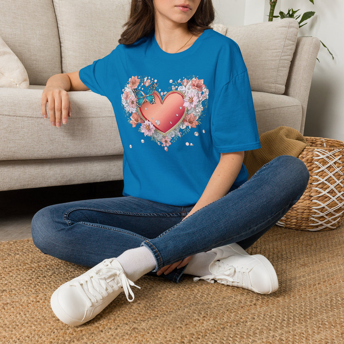 Butterfly Heart Floral Blue Butterfly Graphic Design Unisex 100 Cotton Gildan T-Shirt
