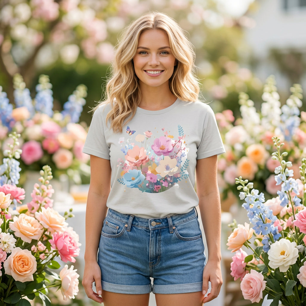 Floral Graphic Unisex Cotton Bella+Canvas Tee with Flowers Art Design n117
