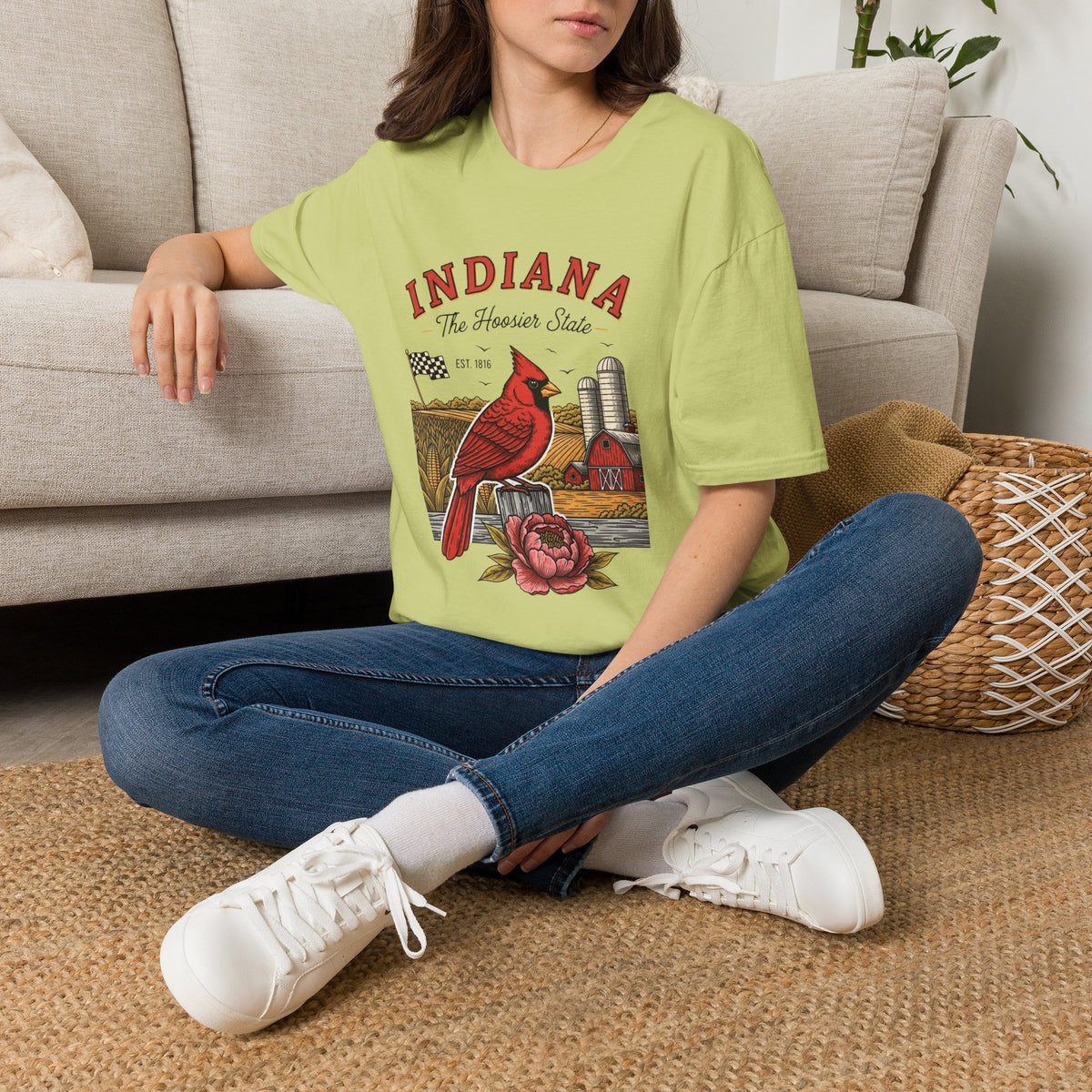 Indiana Cardinal Bird Farm Tee — Indiana The Hoosier State Graphic Travel Tourist Graphic Design Unisex 100 Cotton Gildan T-Shirt