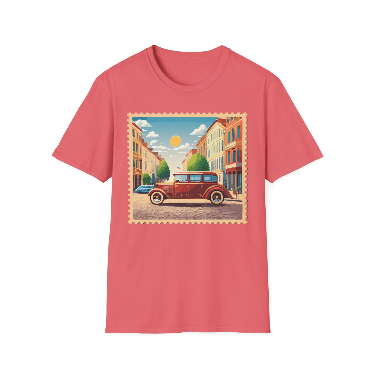 Vintage City Street Illustration T-Shirt | Retro Car, Sunny Urban Graphic Tee Unisex 100 Cotton Gildan T-Shirt