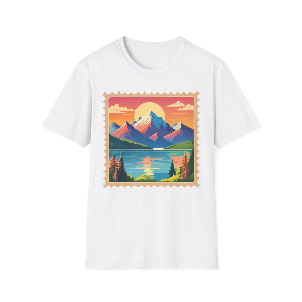 Vintage Mountain Sunset postage stamp T-Shirt | retro travel landscape