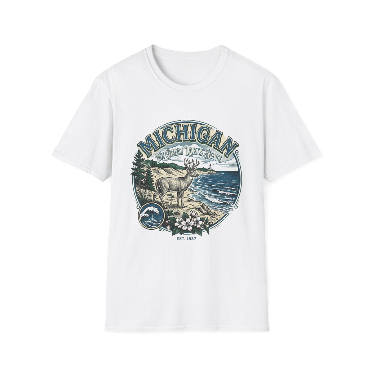 Michigan Deer Scenic T-Shirt — Vintage Great Lakes Travel Tourist Graphic Design Unisex 100 Cotton Gildan T-Shirt