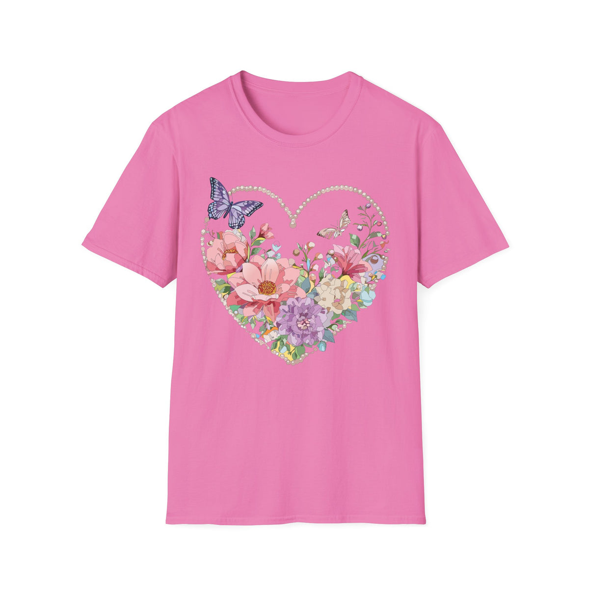 Floral Heart with Butterflies T-Shirt | Romantic Spring Garden Graphic Tee Unisex 100 Cotton Gildan T-Shirt