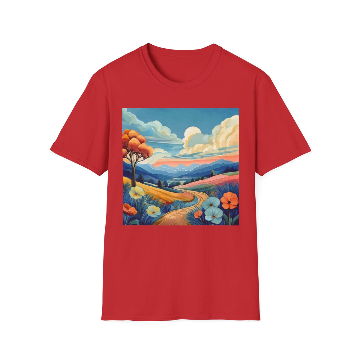 Colorful Mountain Landscape Graphic Posters, Post Stamps Design Unisex 100 Cotton Gildan T-Shirt