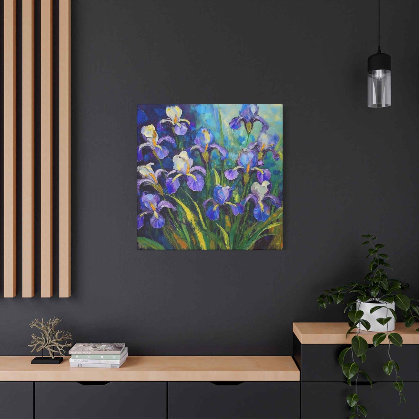 Irises Floral Print Canvas, Floral Oil Paint Print 20x20, 24x24, 30x30, 32x32, 36x36 Art Design Pine-Wood Inner Frame MC-188