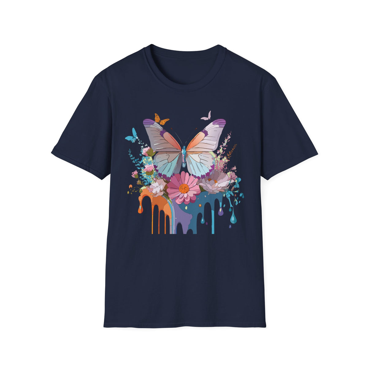 Butterfly Floral T-Shirt — Colorful Drip Art Garden Graphic Design Unisex 100 Cotton Gildan T-Shirt