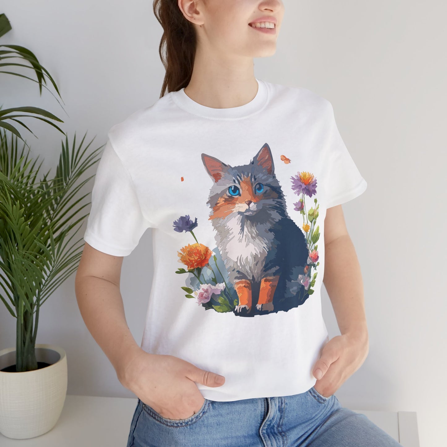 Floral Cat Tee, Animal Shirt, Cat Shirt, Floral Tee, Flower T-shirt, T-Shirt with Animal, Summer Top with Art Design