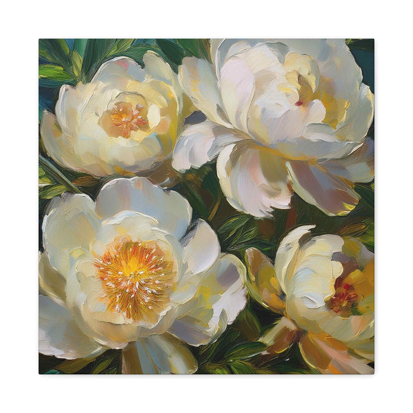 Cream Peonies Print Canvas, Floral Oil Paint Print 20x20, 24x24, 30x30, 32x32, 36x36 Art Design Pine-Wood Inner Frame MC-124