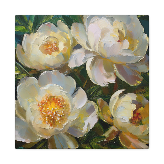 Cream Peonies Print Canvas, Floral Oil Paint Print 20x20, 24x24, 30x30, 32x32, 36x36 Art Design Pine-Wood Inner Frame MC-124