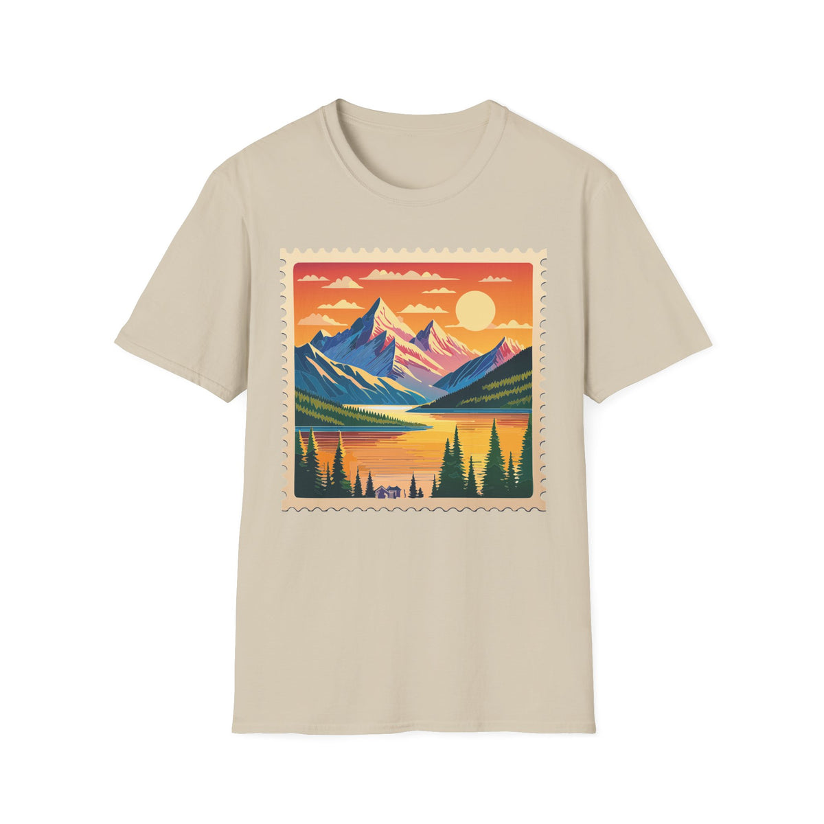 Sunset Mountain Landscape T-Shirt | Vintage Stamp Style