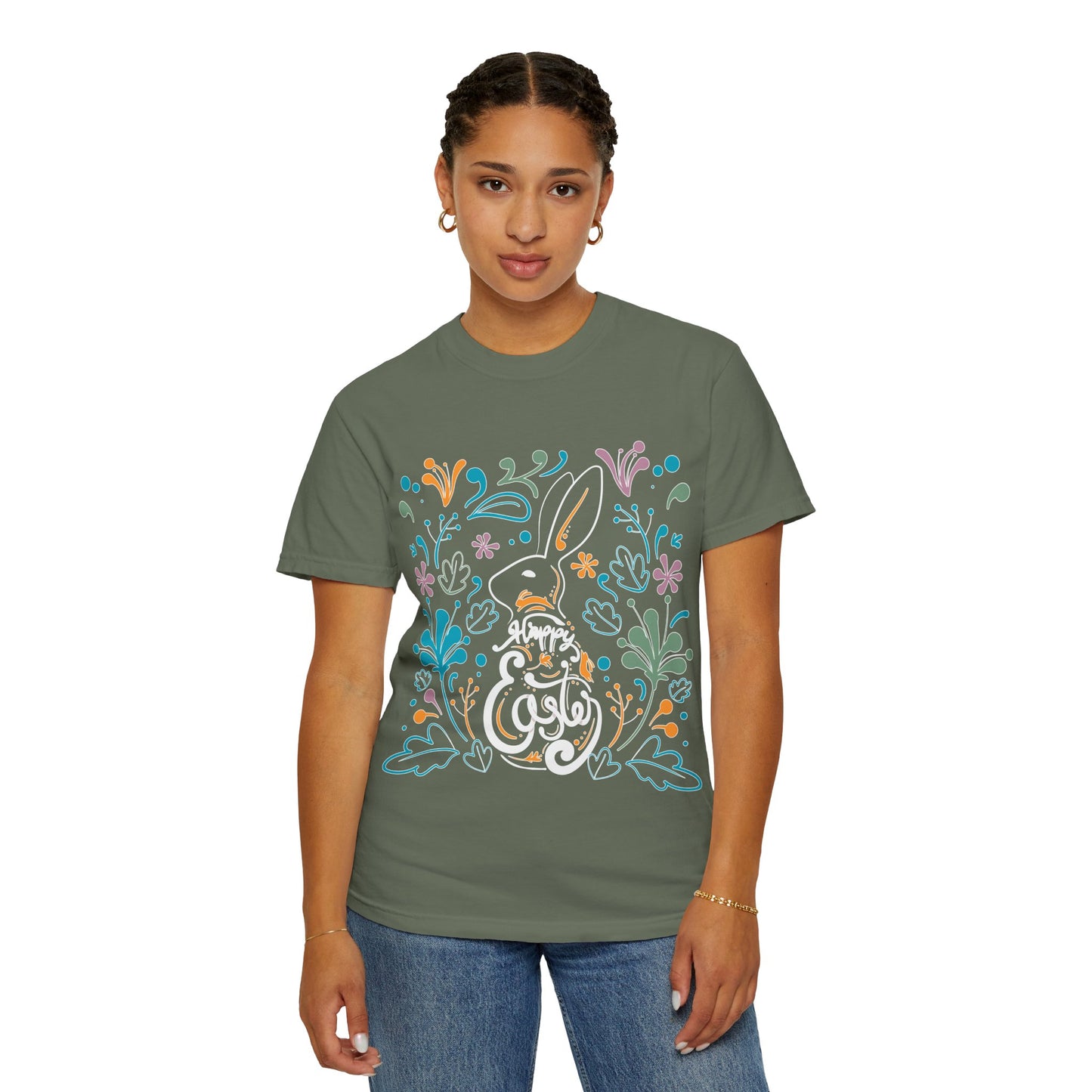 Easter Bunny Floral T-Shirt, Tee Shirt with Easter Signature, T Shirt with Easter Prints, Tee Shirt with Easter Design