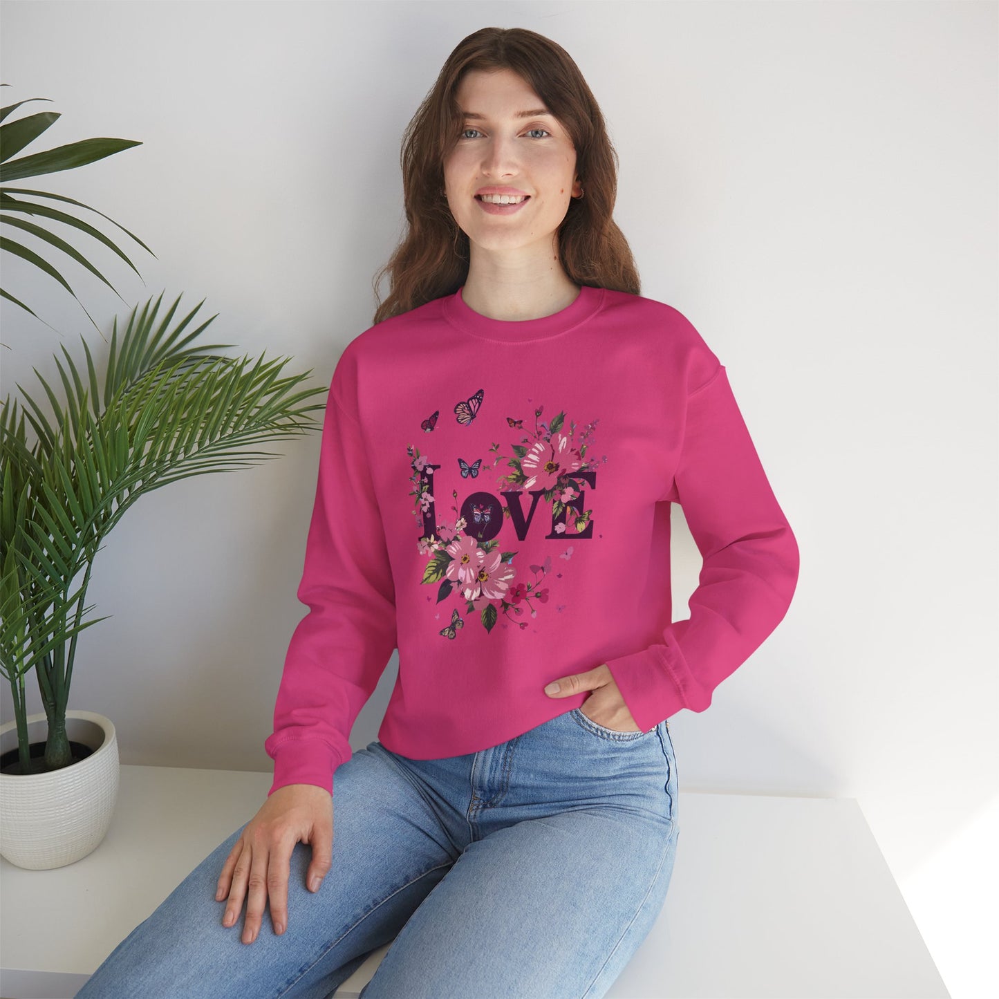 Unisex Floral Love Sweatshirt, Love Floral Sweatshirt, Floral Butterfly Sweatshirt, 50/50 Cotton-Poly Valentine's Day Sweatshirt 05