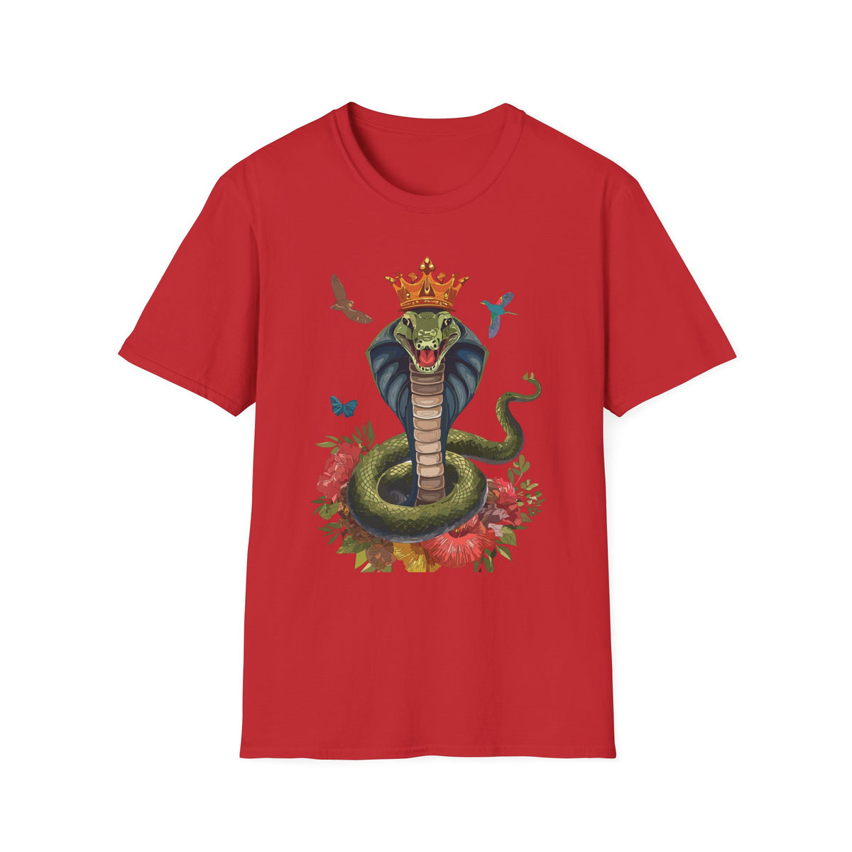 Crowned King Cobra Shirt | Snake Illustration, Floral Accents, Wildlife