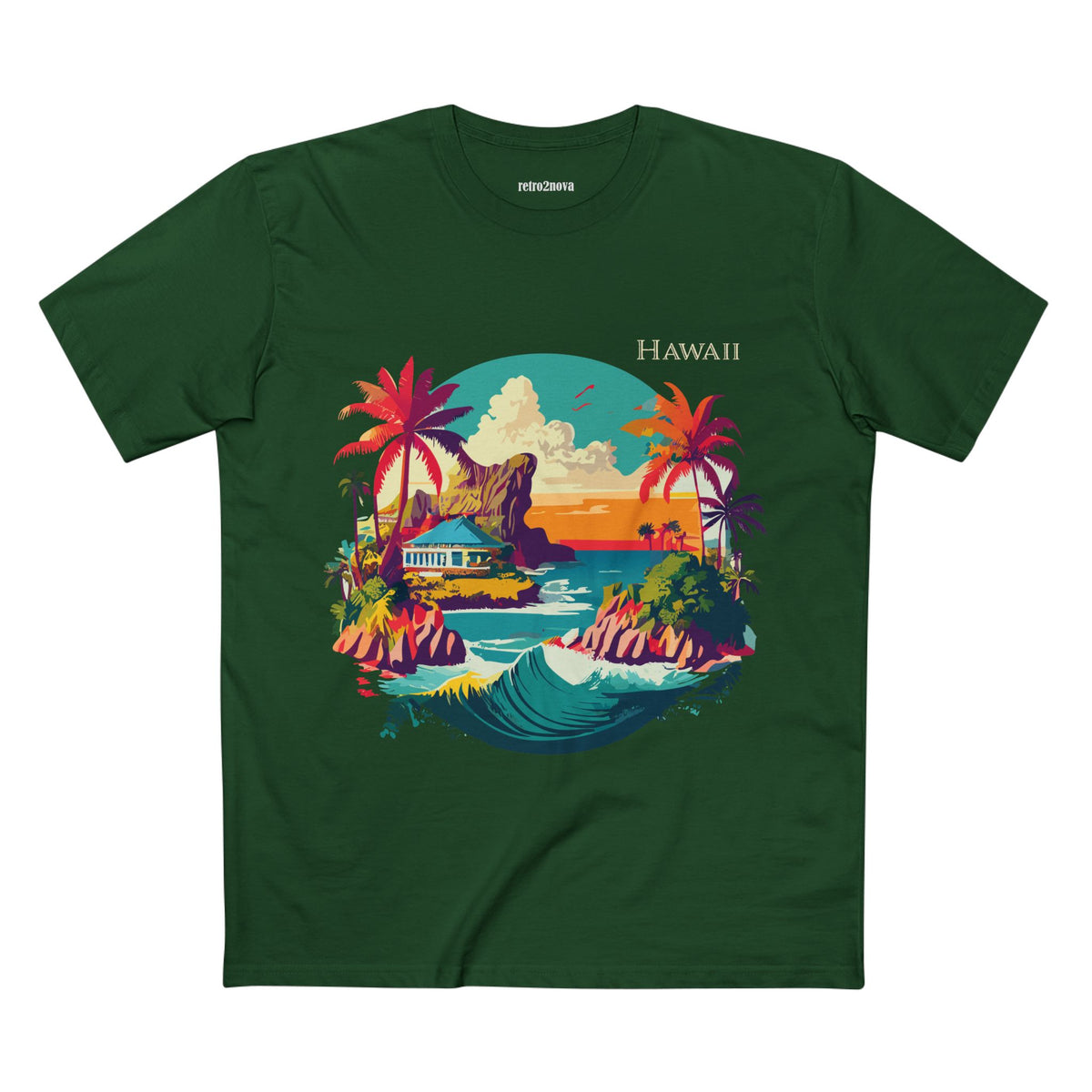 Hawaii Sunset Surf Scene T-Shirt | Tropical Beach Illustration