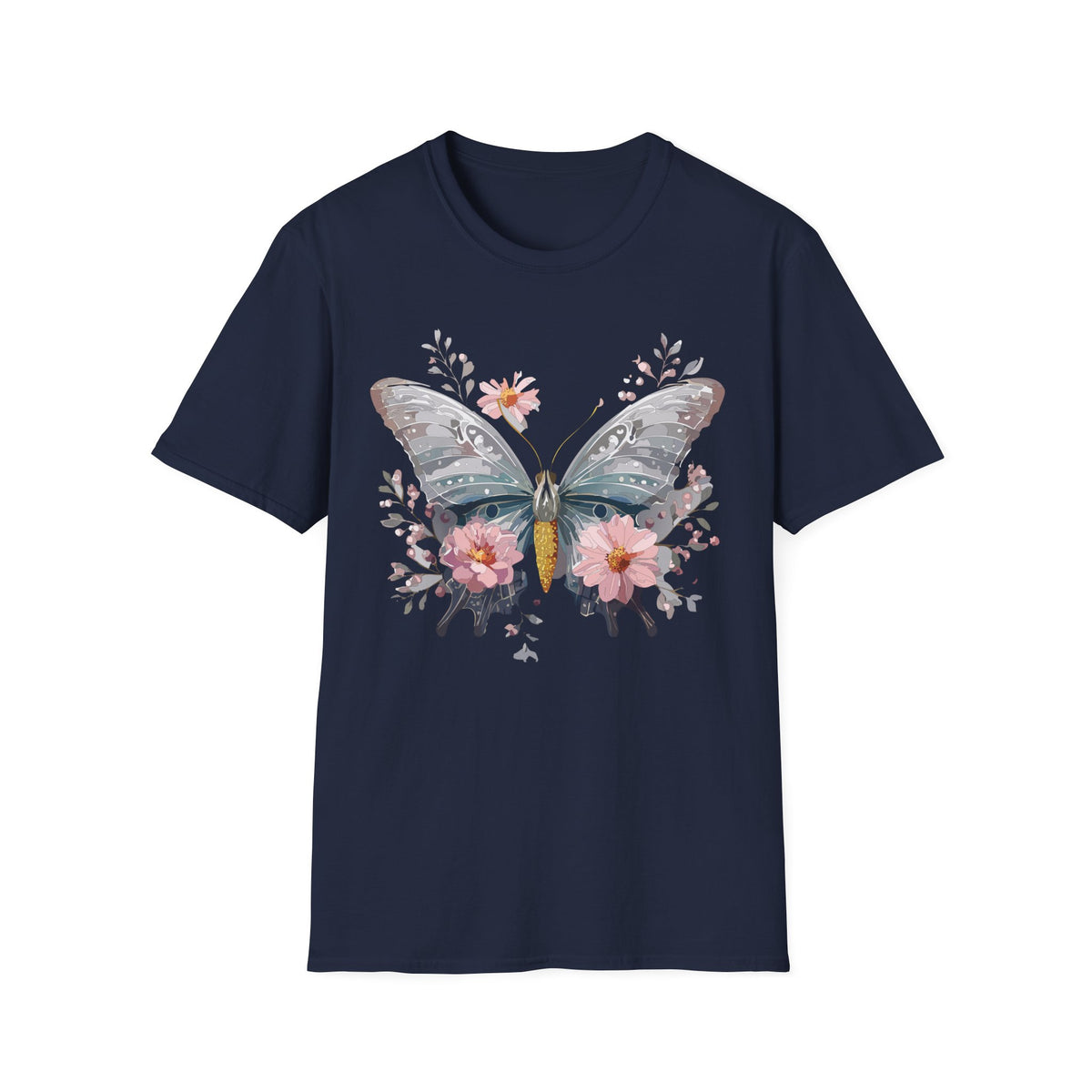 Butterfly Floral T‑Shirt — Watercolor Moth & Pink Flowers Graphic Tee Unisex 100 Cotton Gildan T-Shirt