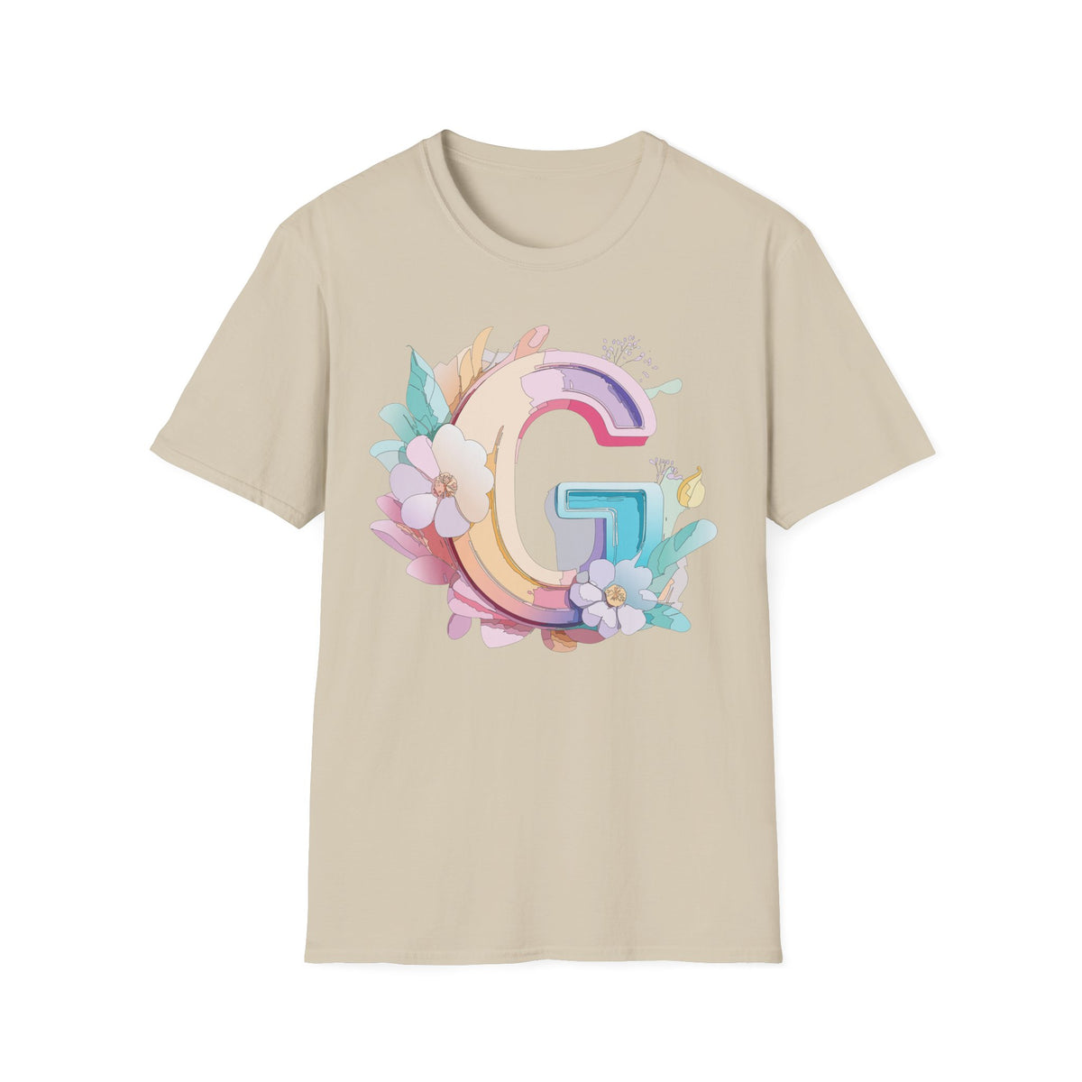 Floral Letter G T-Shirt | Monogram Initial Tee, Pastel Rainbow Blooms