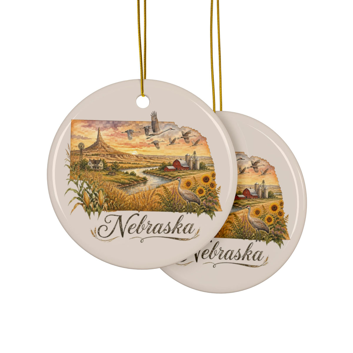 Nebraska Landscape Ceramic Ornament | State Scene Double-Sided - 2.99" Includes Gold String