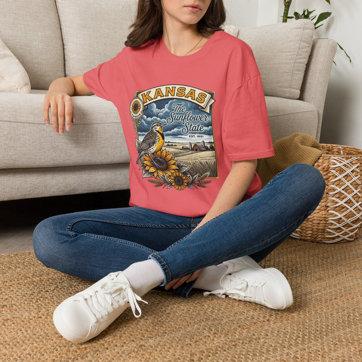 Kansas Sunflower State T-Shirt | Meadow Bird Vintage Travel Tourist Graphic Design Unisex 100 Cotton Gildan T-Shirt