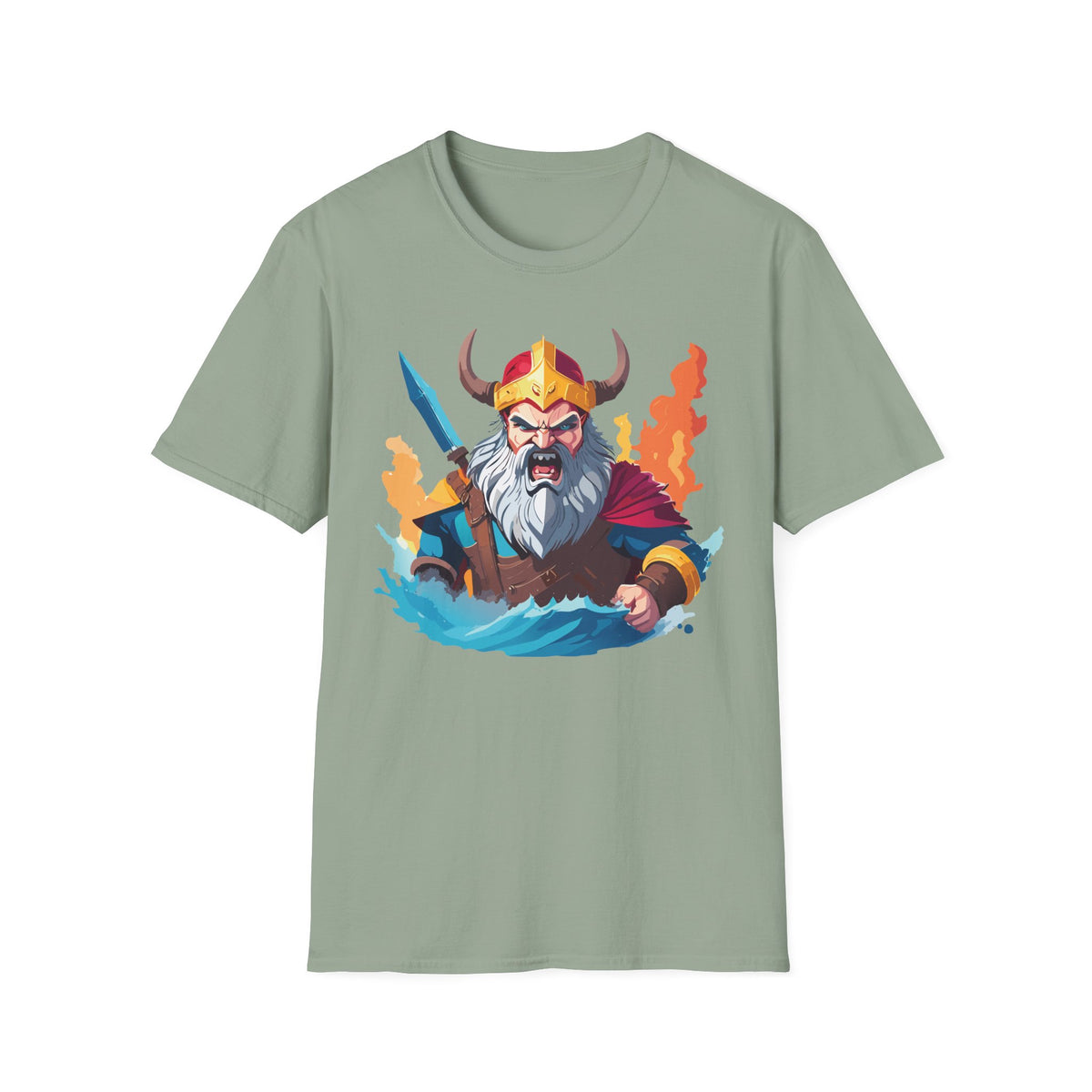 Viking Warrior Illustration T-Shirt | Horned Helmet, Sword, Flames