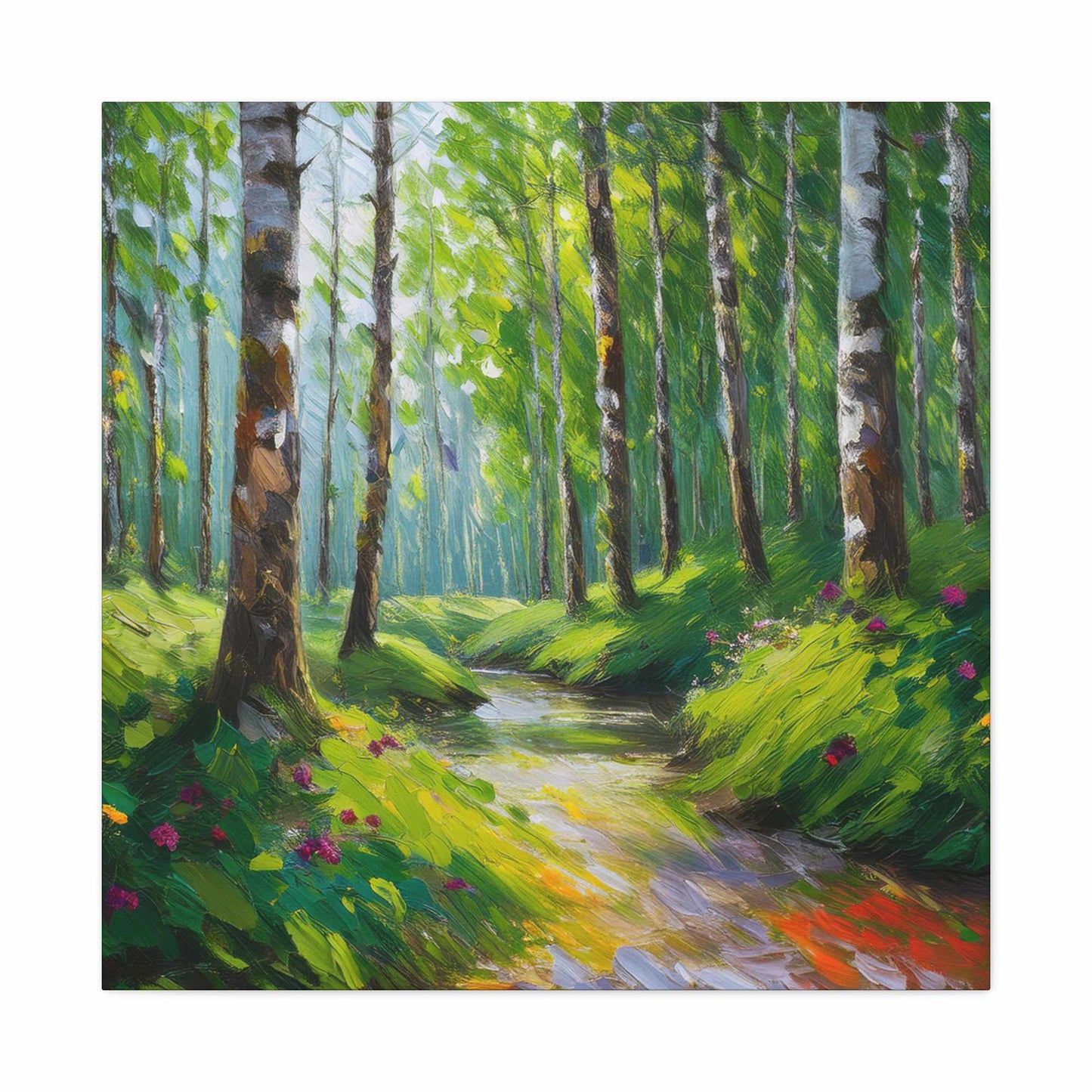 Summer Forest Print Canvas, Oil Paint Print 20x20, 24x24, 30x30, 32x32, 36x36 Art Design Print Pine-Wood Inner Frame MC-85