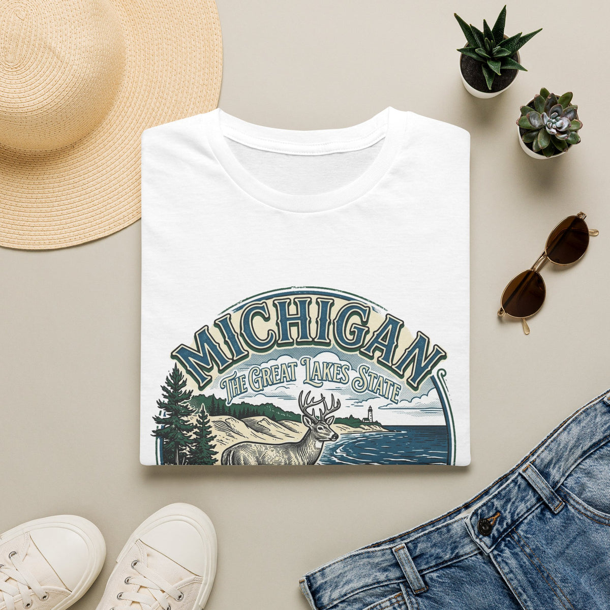 Michigan Deer Scenic T-Shirt — Vintage Great Lakes Travel Tourist Graphic Design Unisex 100 Cotton Gildan T-Shirt