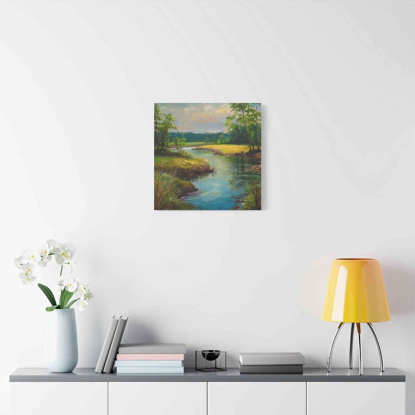 River Print Canvas, Landscape Oil Paint Print 20x20, 24x24, 30x30, 32x32, 36x36 Art Design Print Pine-Wood Inner Frame MC-55