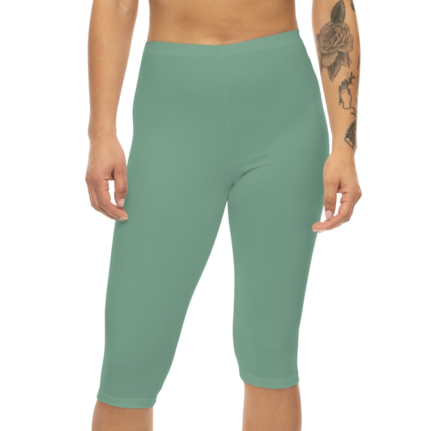 Muted Teal Color Women's Brushed Suede Poly Span Casual Capri Leggings XS-2XL