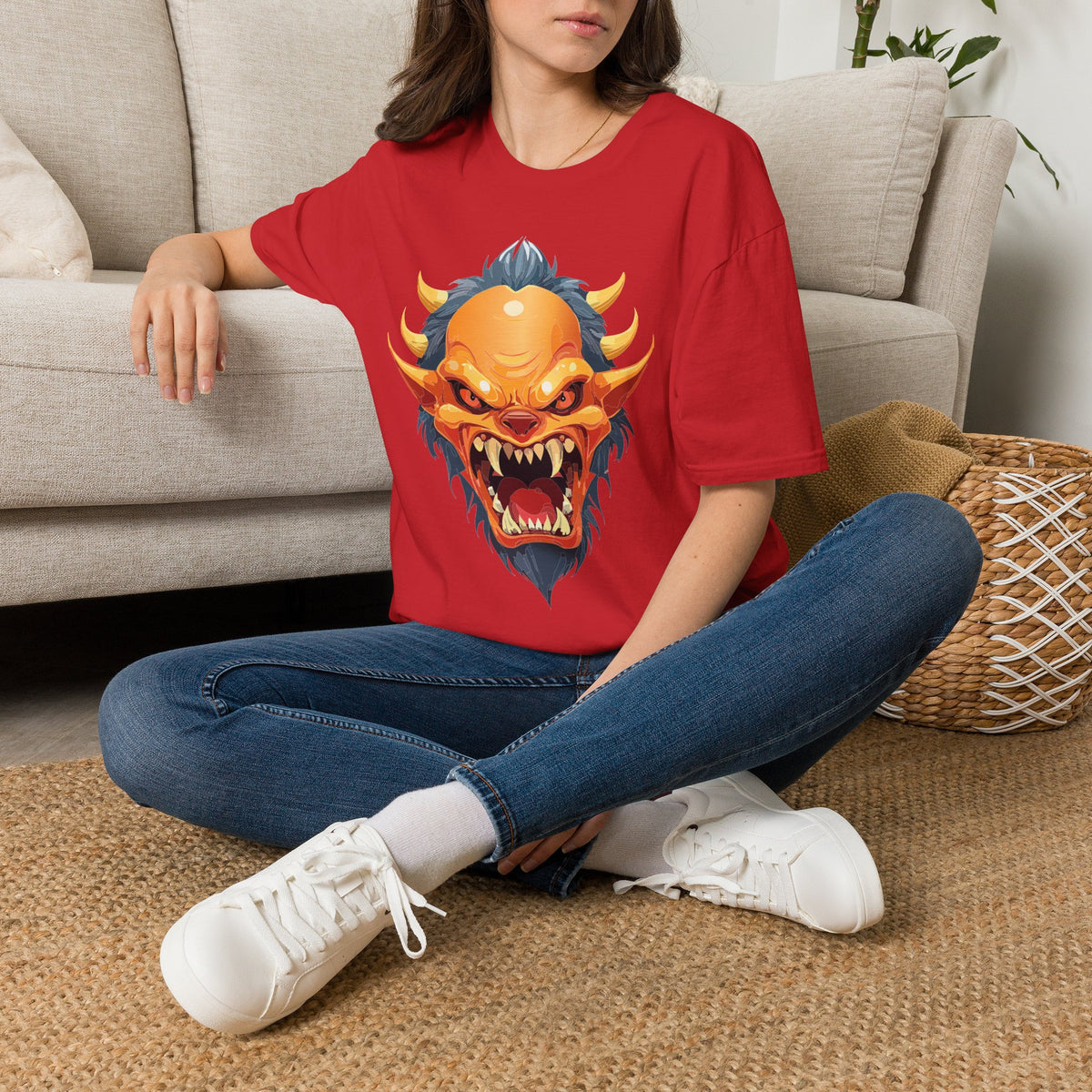 Demonic Oni Mask T-Shirt — Fierce Japanese Demon Face Cartoon Graphic Tee Unisex 100 Cotton Gildan T-Shirt