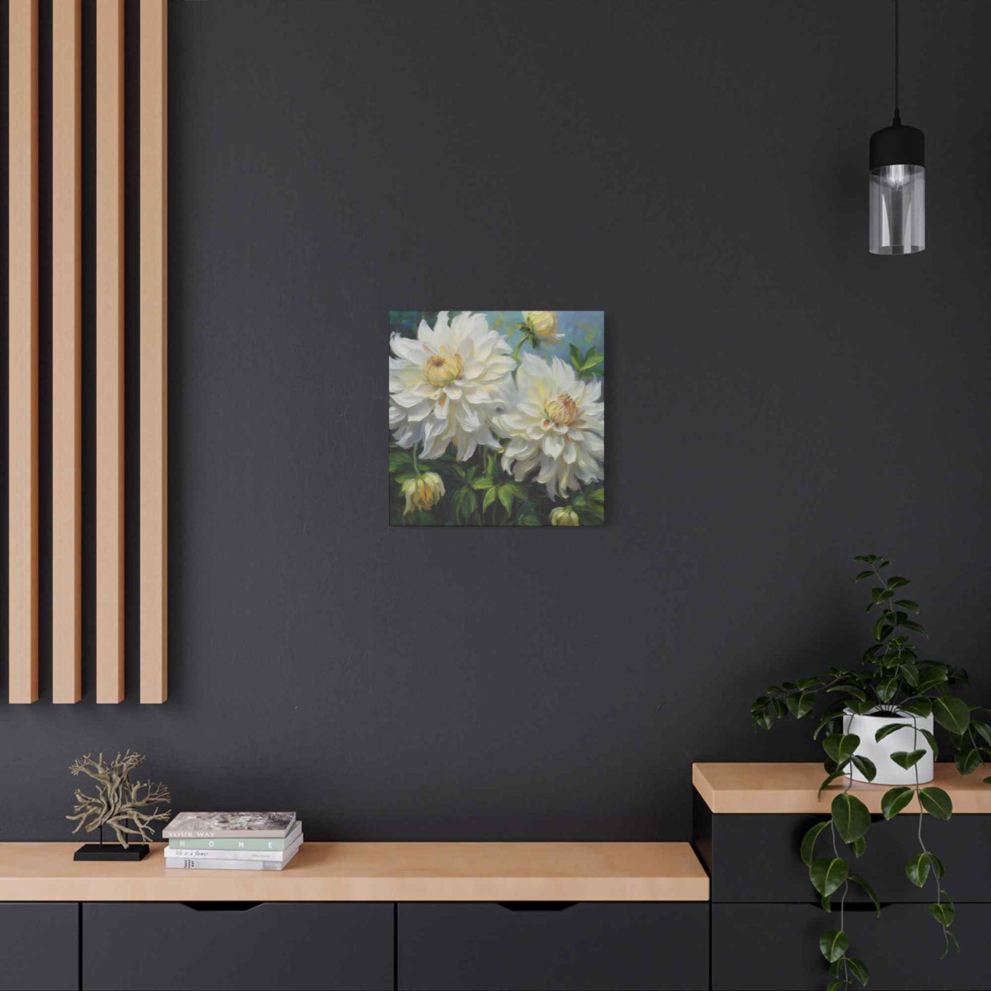 White Dahlias Print Canvas, Floral Oil Paint Print 20x20, 24x24, 30x30, 32x32, 36x36 Art Design Pine-Wood Inner Frame MC-170