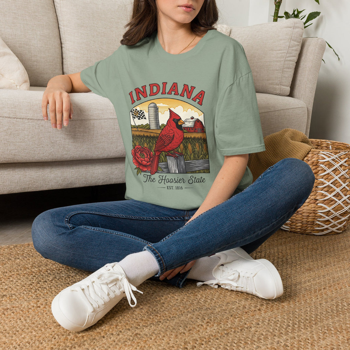Indiana Cardinal Bird Tee — The Hoosier State Vintage Farm Design Travel Tourist Graphic Design Unisex 100 Cotton Gildan T-Shirt