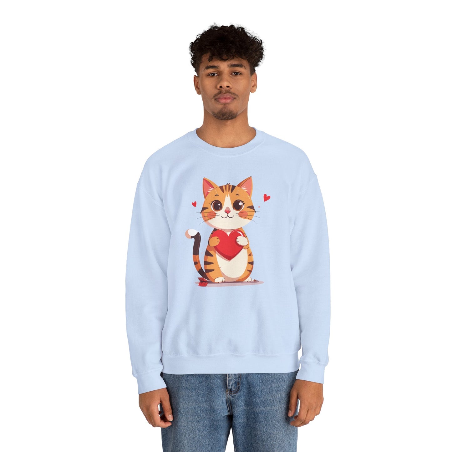 Cat Heart Sweatshirt Unisex Fifty Fifty Cotton Polyester Crewneck Valentines Day Gildan 18000