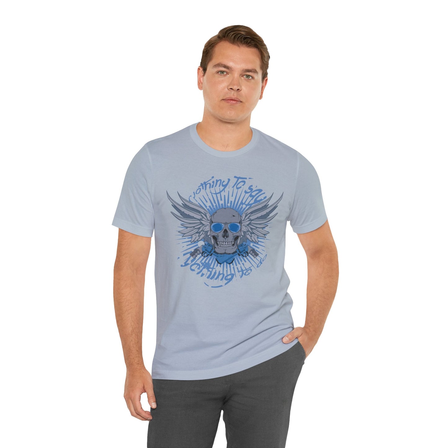 Winged Skull Graphic Tee | Blue Skull with Wings, Radiant Burst