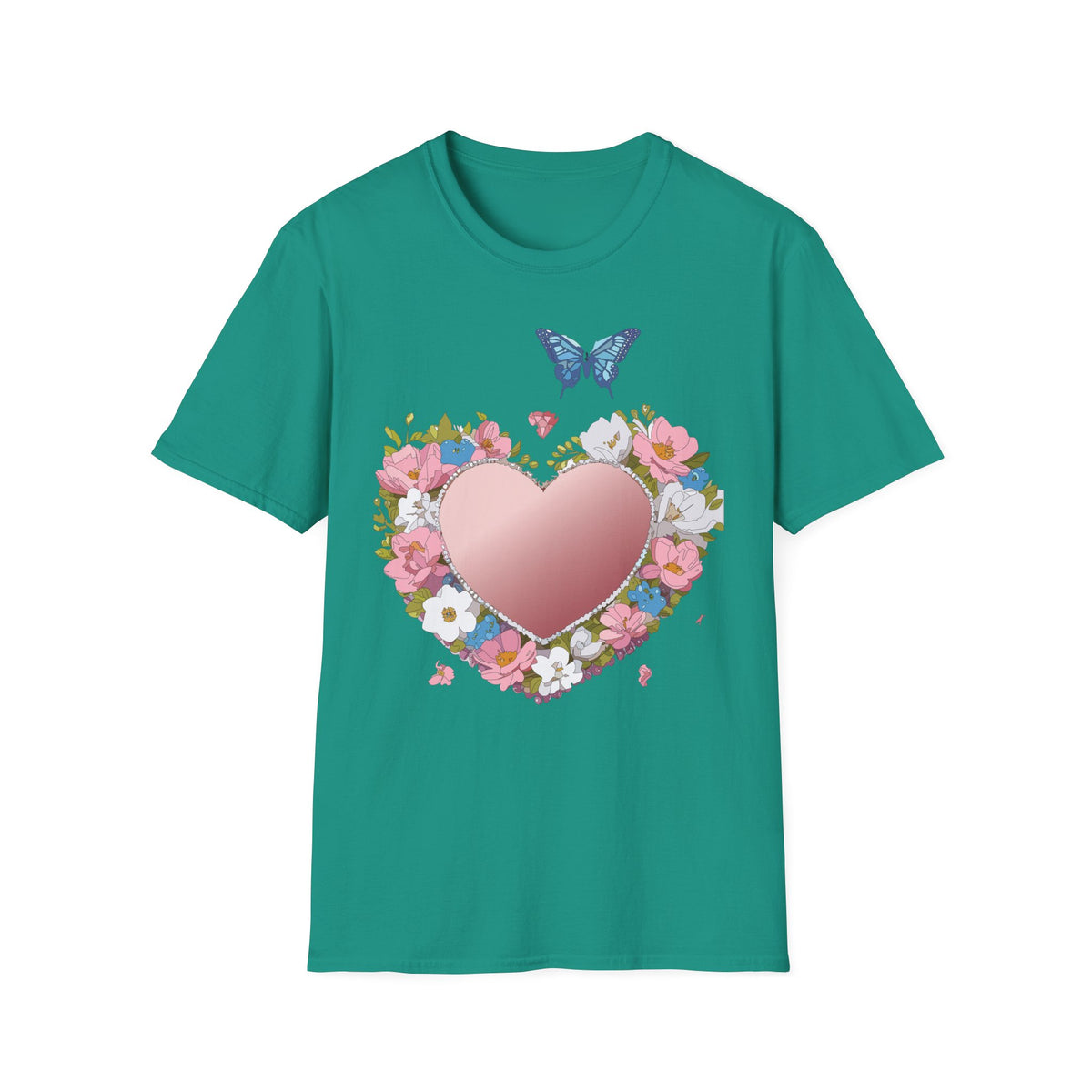 Floral Heart with Blue Butterfly T-Shirt | Pink Heart Floral Graphic Tee Unisex 100 Cotton Gildan T-Shirt
