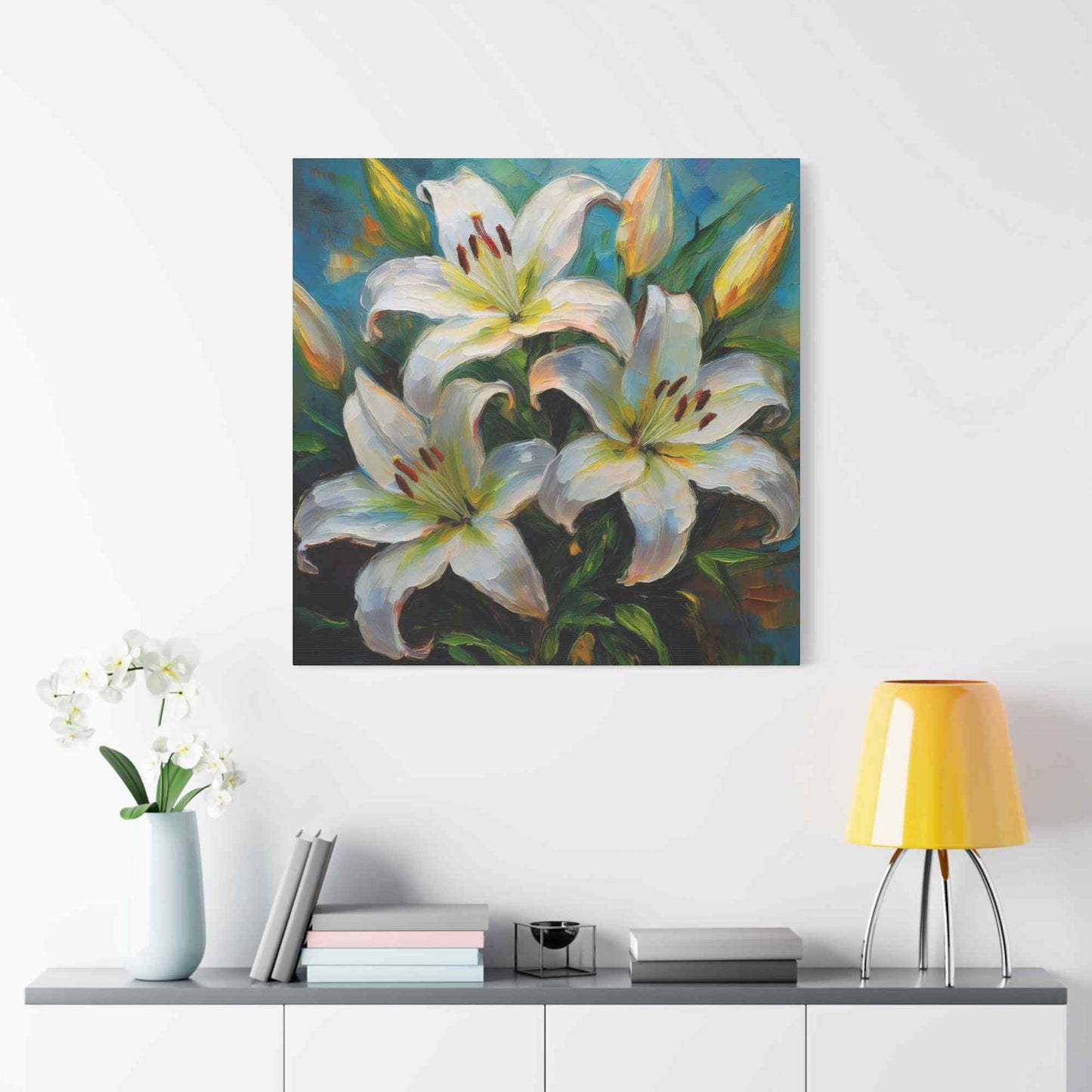 White Lilies Print Canvas, Floral Oil Paint Print 20x20, 24x24, 30x30, 32x32, 36x36 Art Design Pine-Wood Inner Frame MC-154