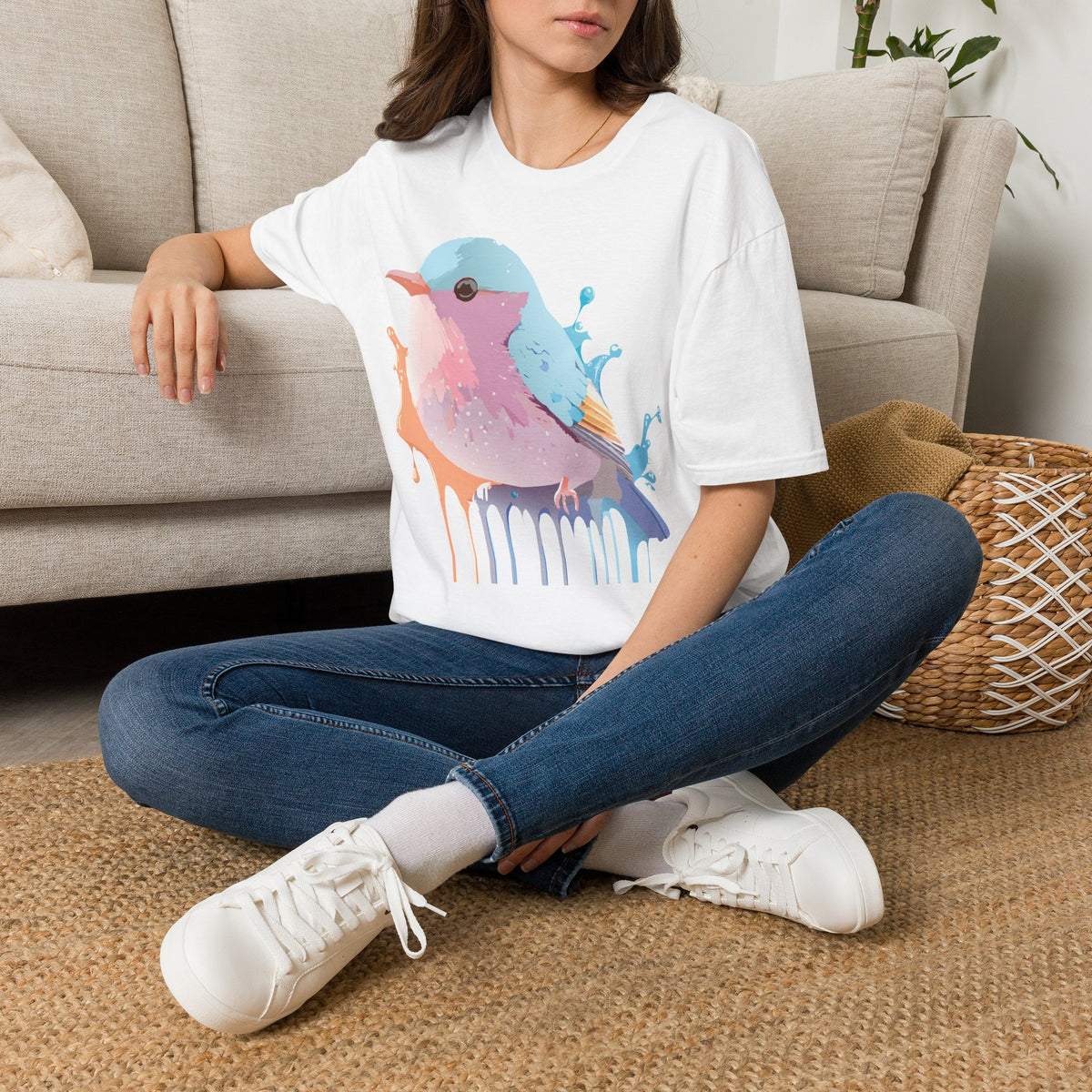 Watercolor Pastel Bird T-Shirt | Colorful Drip Illustration