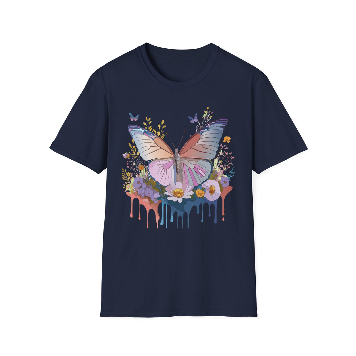 Butterfly Floral T-Shirt — Pastel Watercolor Wings with Drip Art Graphic Tee Unisex 100 Cotton Gildan T-Shirt
