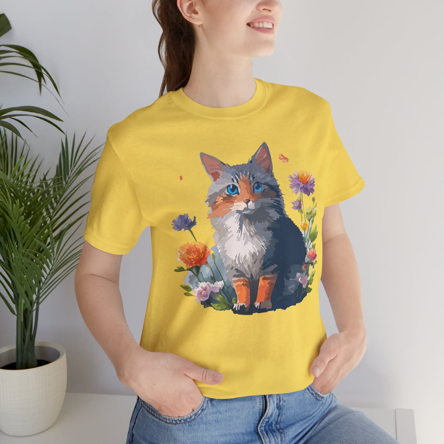 Floral Cat Tee, Animal Shirt, Cat Shirt, Floral Tee, Flower T-shirt, T-Shirt with Animal, Summer Top with Art Design
