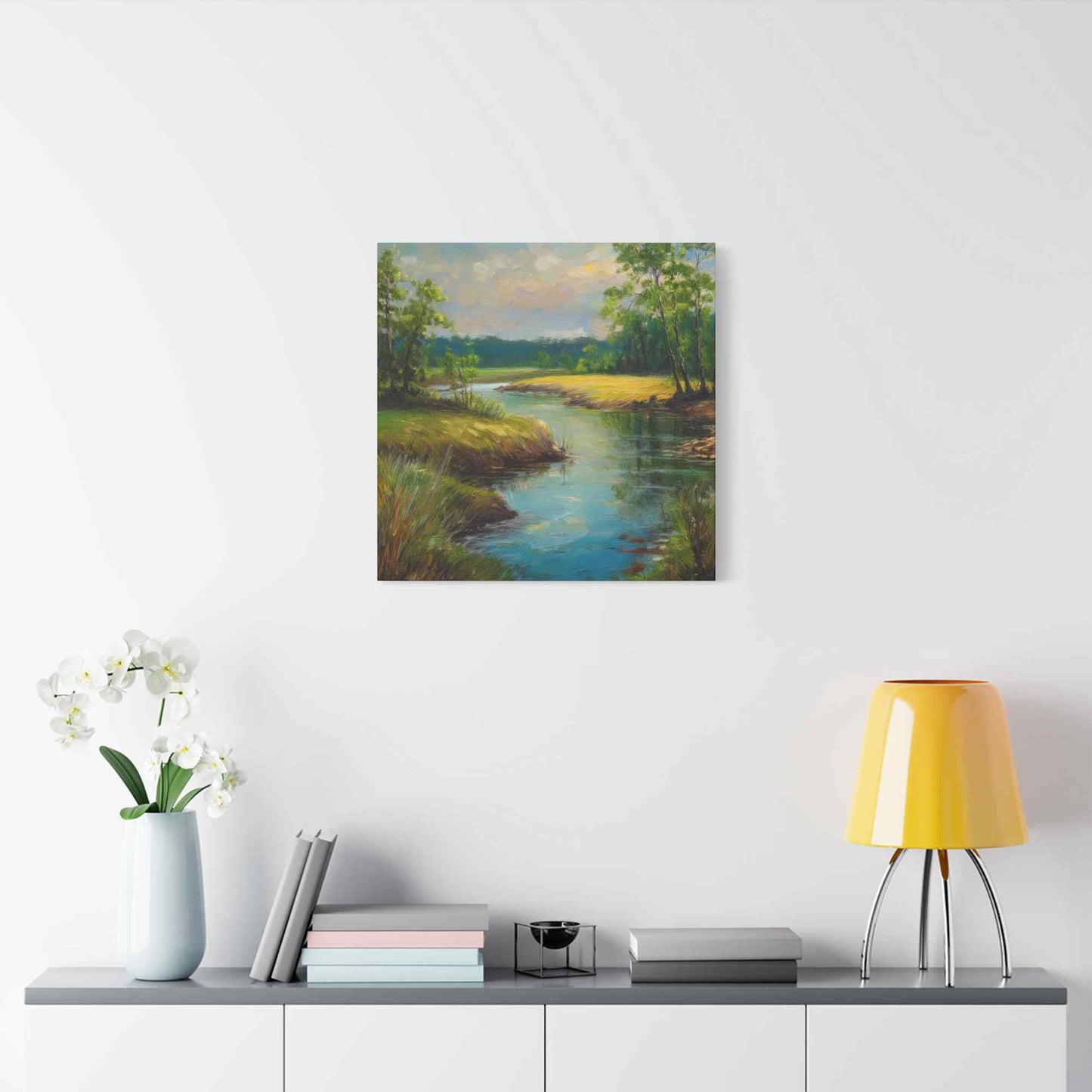 River Print Canvas, Landscape Oil Paint Print 20x20, 24x24, 30x30, 32x32, 36x36 Art Design Print Pine-Wood Inner Frame MC-55