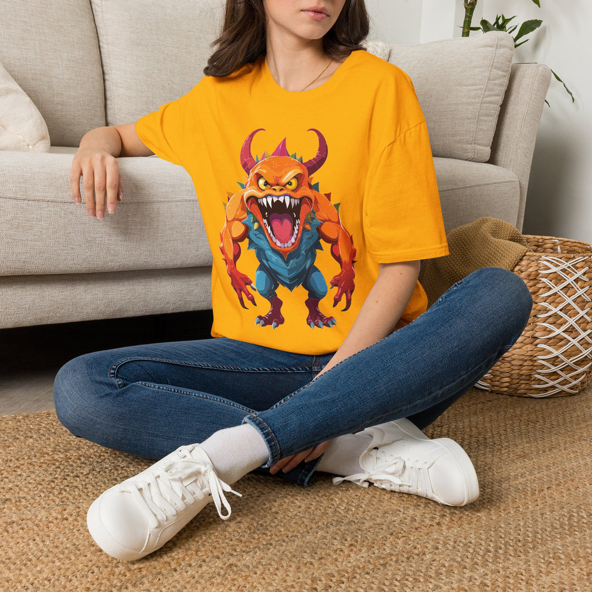 Monster Graphic T-Shirt — Fierce Orange Demon Design Cartoon Graphic Tee Unisex 100 Cotton Gildan T-Shirt