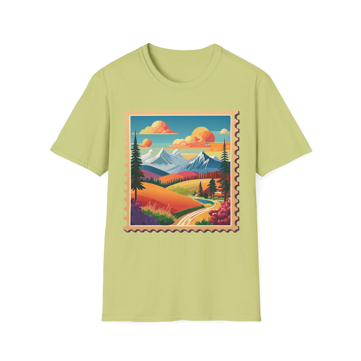Vintage Mountain Landscape T-Shirt | Scenic Stamp Illustration
