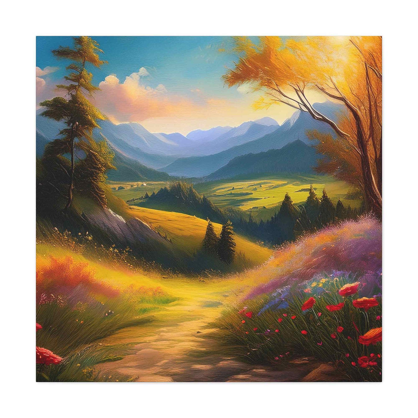 Landscape Print Canvas, Oil Paint Print 20x20, 24x24, 30x30, 32x32, 36x36 Art Design Print Pine-Wood Inner Frame MC-36