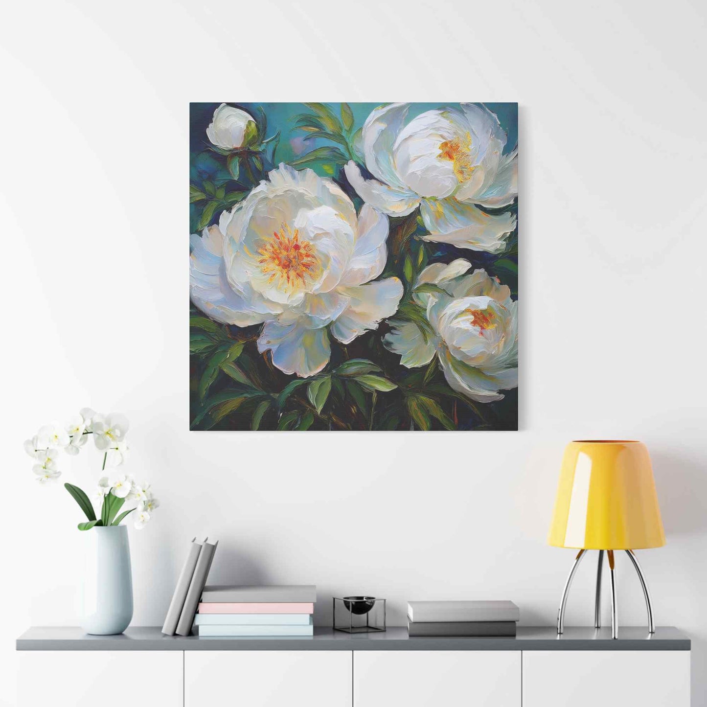 White Peonies Print Canvas, Floral Oil Paint Print 20x20, 24x24, 30x30, 32x32, 36x36 Art Design Pine-Wood Inner Frame MC-119